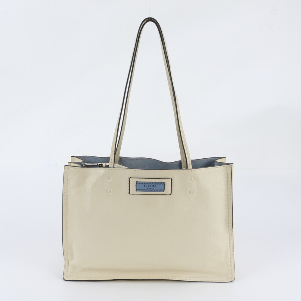 Prada Leather Etiquette Tote Bag Shoulder Handbag Beige Women's